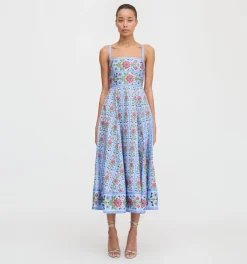 The Margot Dress in Blue Floral Block Stripe