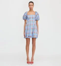 The Matilda Mini Dress in Blue Floral Block Stripe