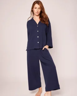 The Olivia Wide Leg Pima Pajama Set in Navy