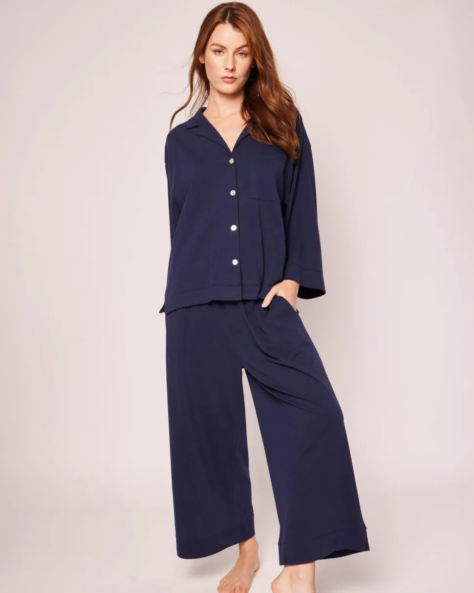 The Olivia Wide Leg Pima Pajama Set in Navy