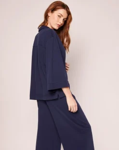 The Olivia Wide Leg Pima Pajama Set in Navy
