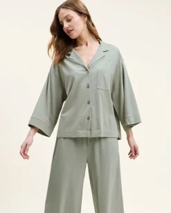 The Olivia Wide Leg Pima Pajama Set in Sage