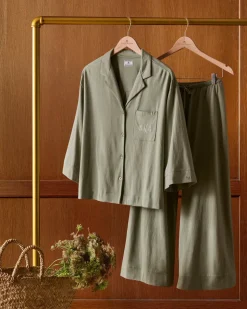The Olivia Wide Leg Pima Pajama Set in Sage