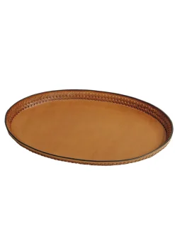 The Oval Tray in Cognac Leather Lace Trim
