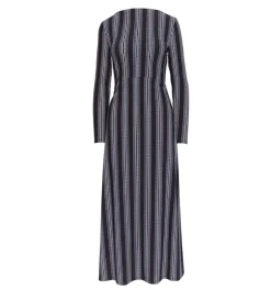 The Selene Dress in Black Cobalt Medallion Stripe