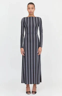 The Selene Dress in Black Cobalt Medallion Stripe