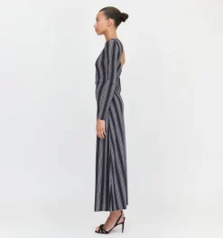 The Selene Dress in Black Cobalt Medallion Stripe