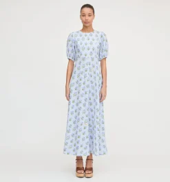 The Short Sleeve Nadia Dress in Blue Block Print