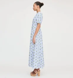 The Short Sleeve Nadia Dress in Blue Block Print