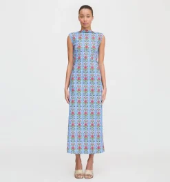 The Sloane Dress in Blue Floral Block Stripe Jersey