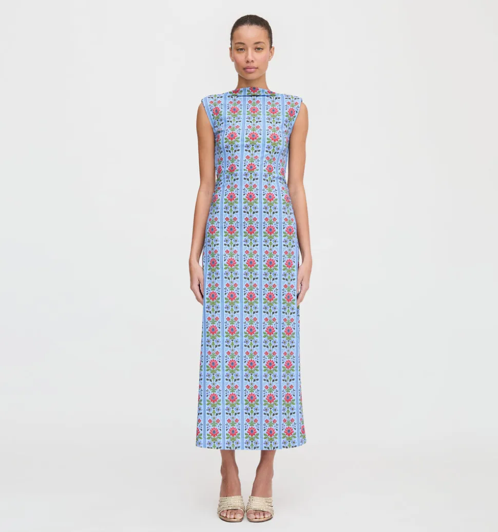 The Sloane Dress in Blue Floral Block Stripe Jersey