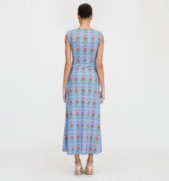 The Sloane Dress in Blue Floral Block Stripe Jersey