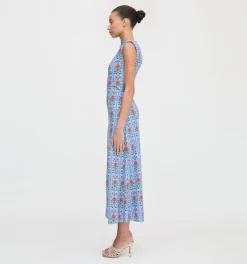 The Sloane Dress in Blue Floral Block Stripe Jersey