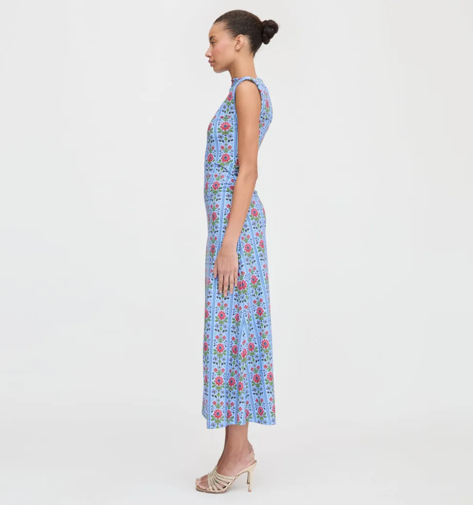 The Sloane Dress in Blue Floral Block Stripe Jersey