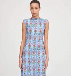 The Sloane Dress in Blue Floral Block Stripe Jersey