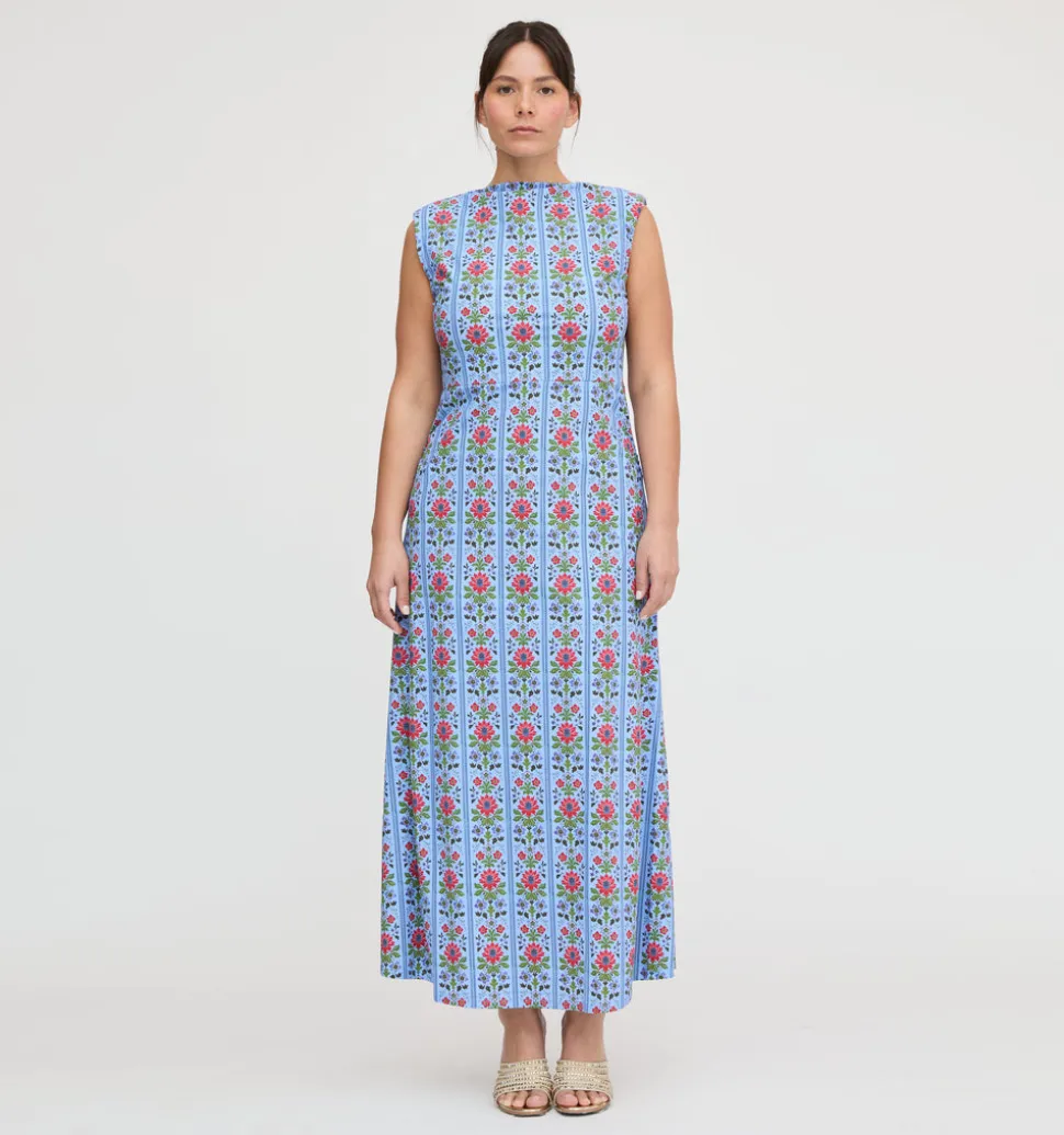 The Sloane Dress in Blue Floral Block Stripe Jersey