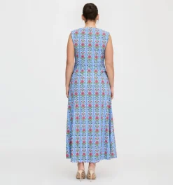 The Sloane Dress in Blue Floral Block Stripe Jersey