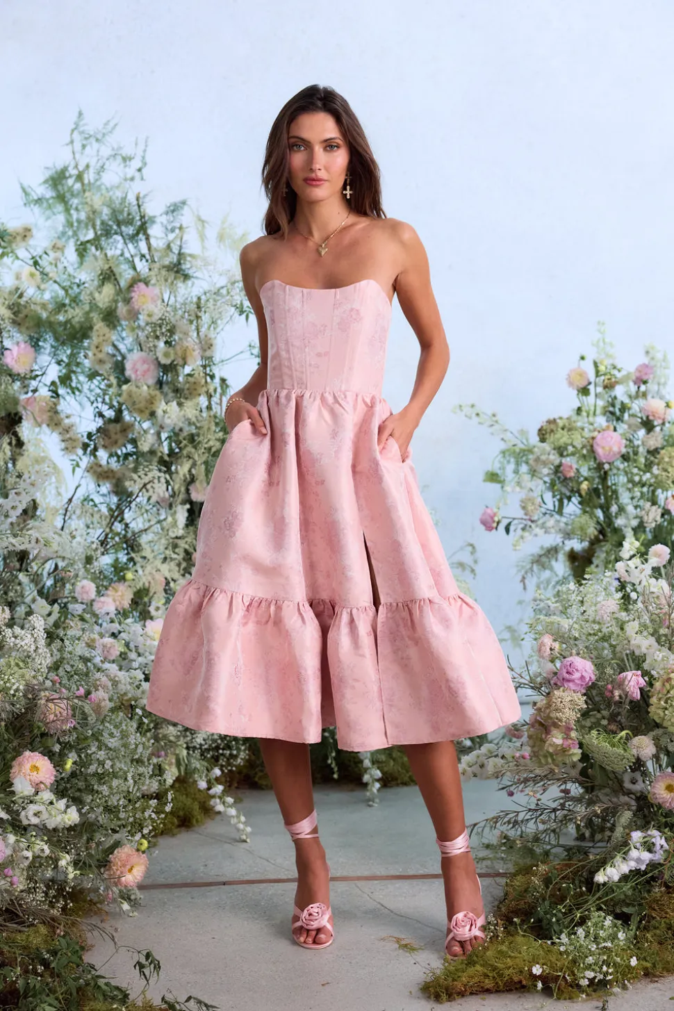 The Virginia Dress in Light Pink Windsor Brocade