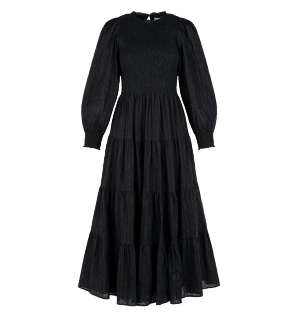 The Viviana Nap Dress in Black Linear Swiss Dot