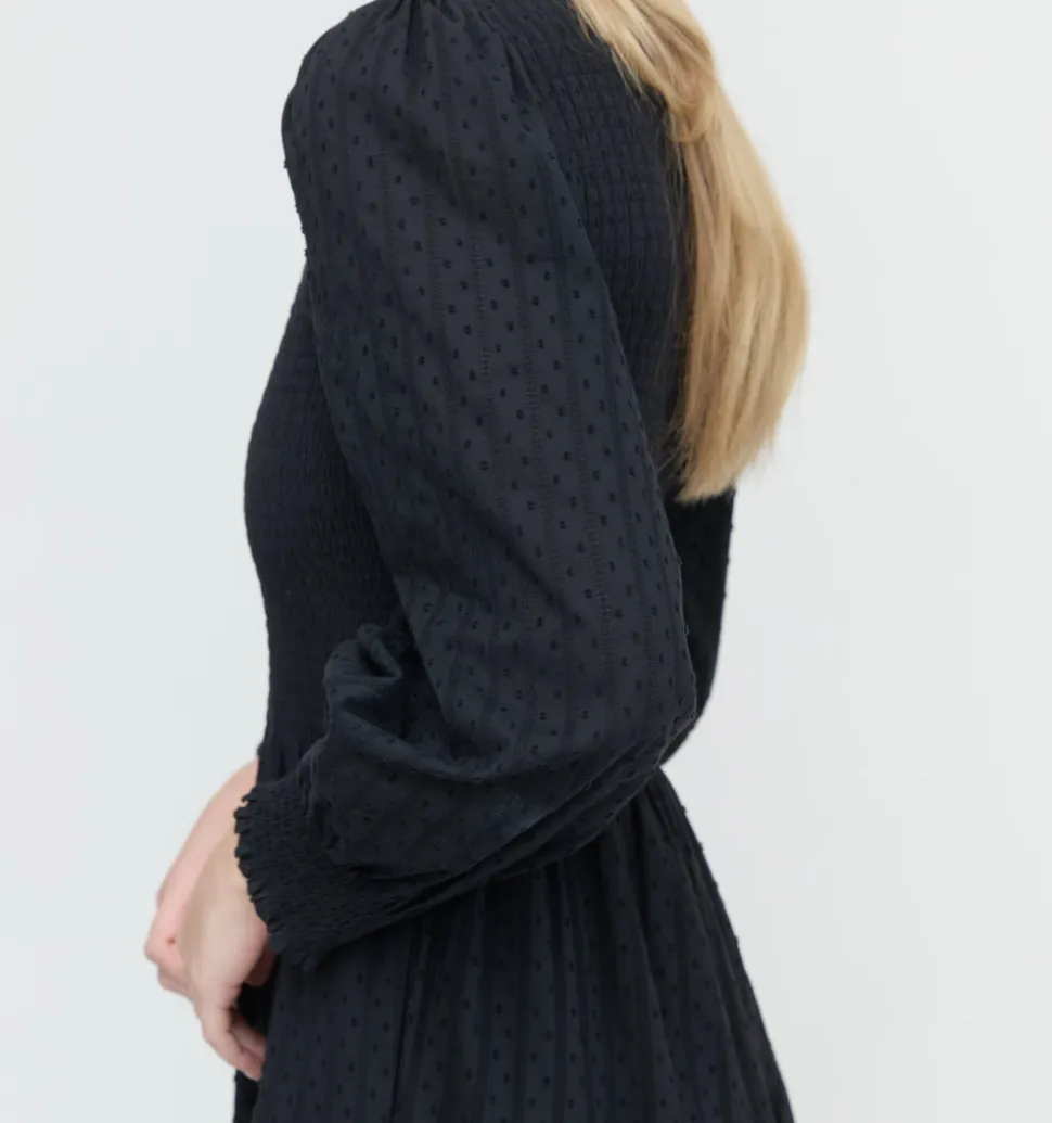 The Viviana Nap Dress in Black Linear Swiss Dot