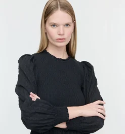 The Viviana Nap Dress in Black Linear Swiss Dot