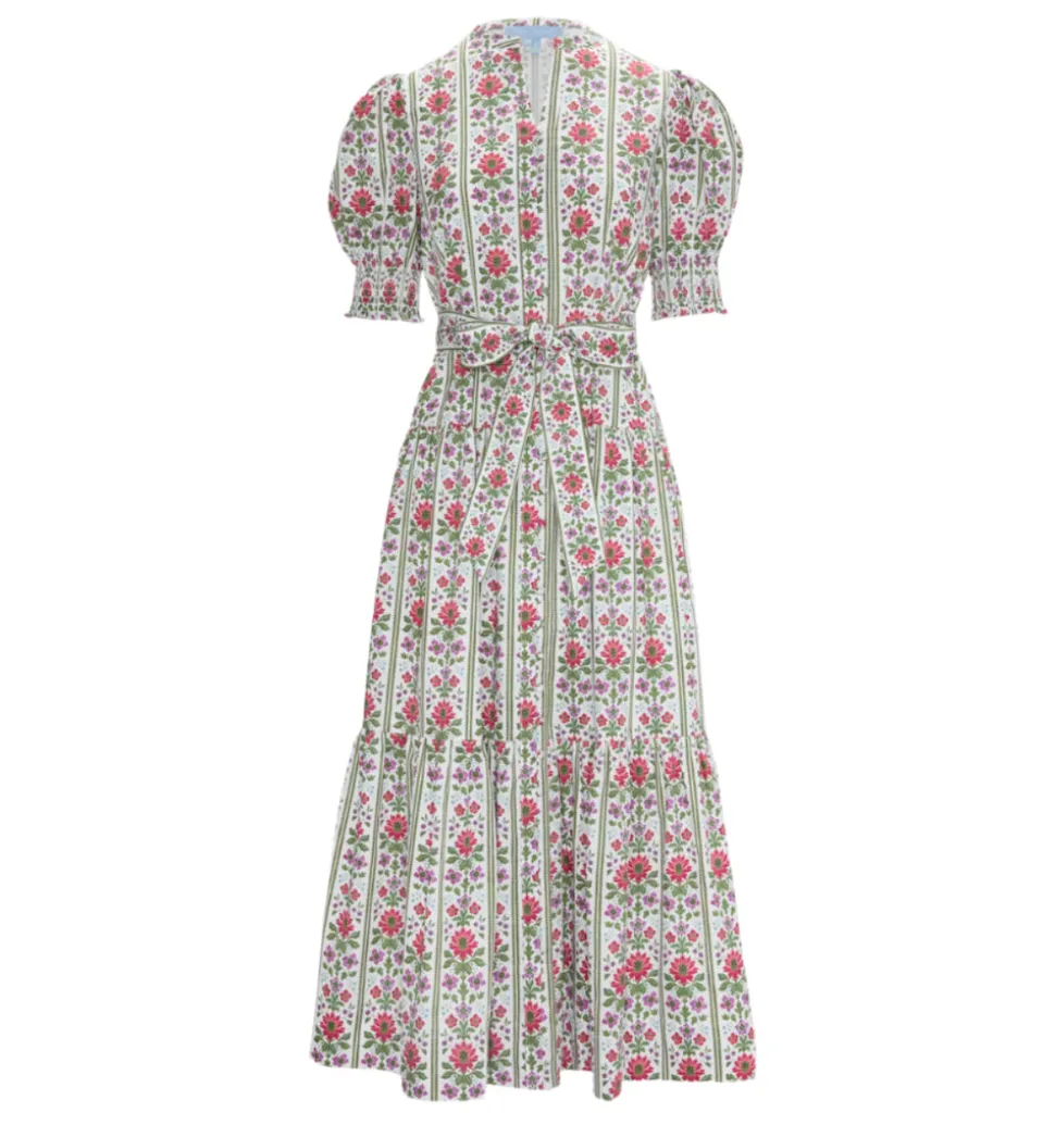 The Yara Dress in Green Floral Block Stripe
