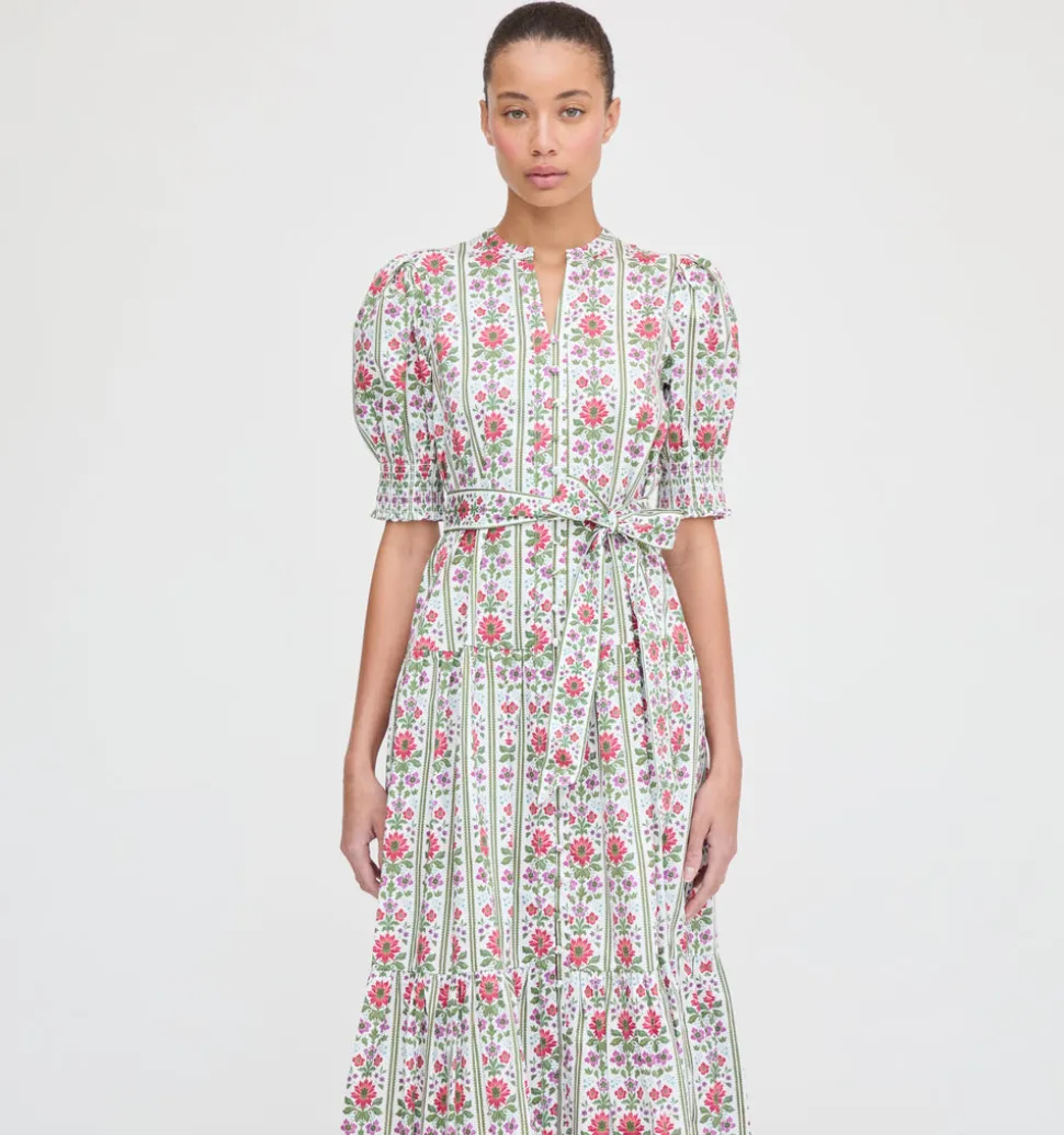 The Yara Dress in Green Floral Block Stripe