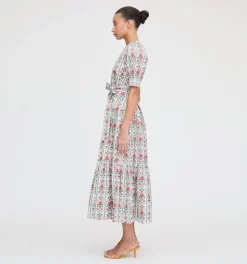 The Yara Dress in Green Floral Block Stripe