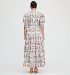 The Yara Dress in Green Floral Block Stripe