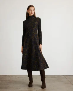 Thea Dress in Black & Forset Green Multi