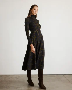 Thea Dress in Black & Forset Green Multi