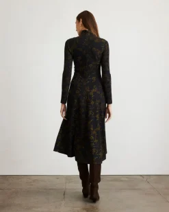 Thea Dress in Black & Forset Green Multi