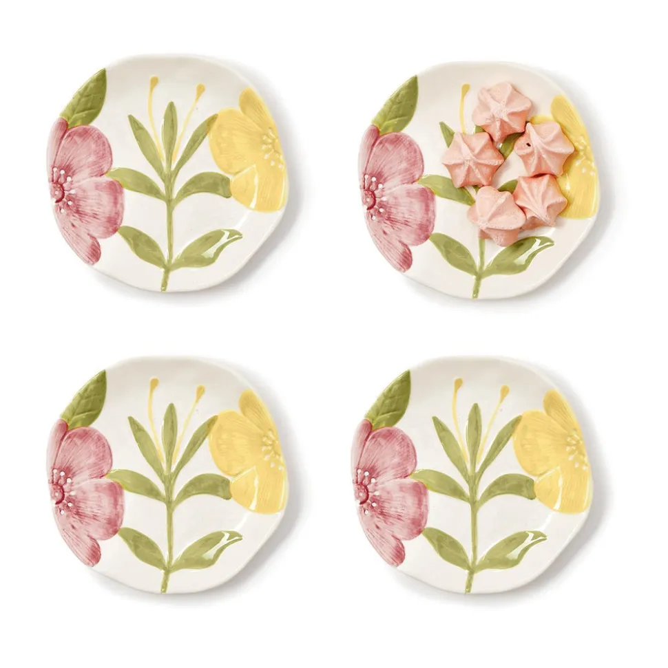 Tidbit Plates with Hand-Painted Floral Relief Design, Set of 4