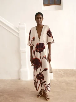 Topacio Linen Tunic Dress in Ecru & Purple Gladiolos