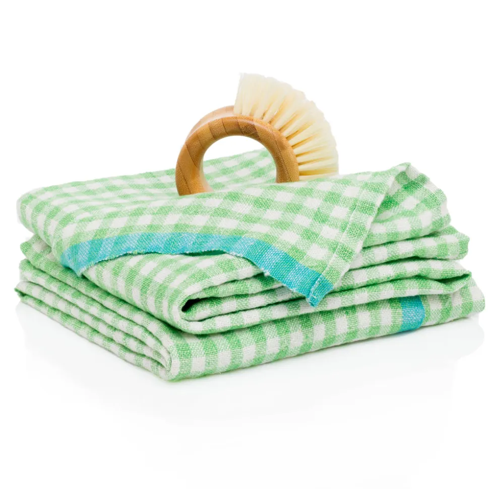 Two-Tone Gingham Towels in Natural & Aqua, Set of 2