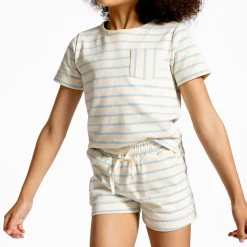 Unisex Cream And Powder Blue Stripe Shorts