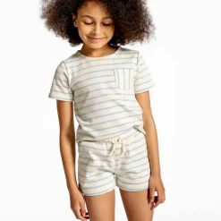 Unisex Cream And Powder Blue Stripe Shorts