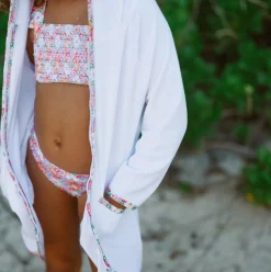 Unisex White French Terry Hooded Zipper Coverup With Island Blossom Trim