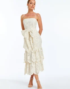 Vanessa Lace Convertible Bow Midi Dress in Ivory