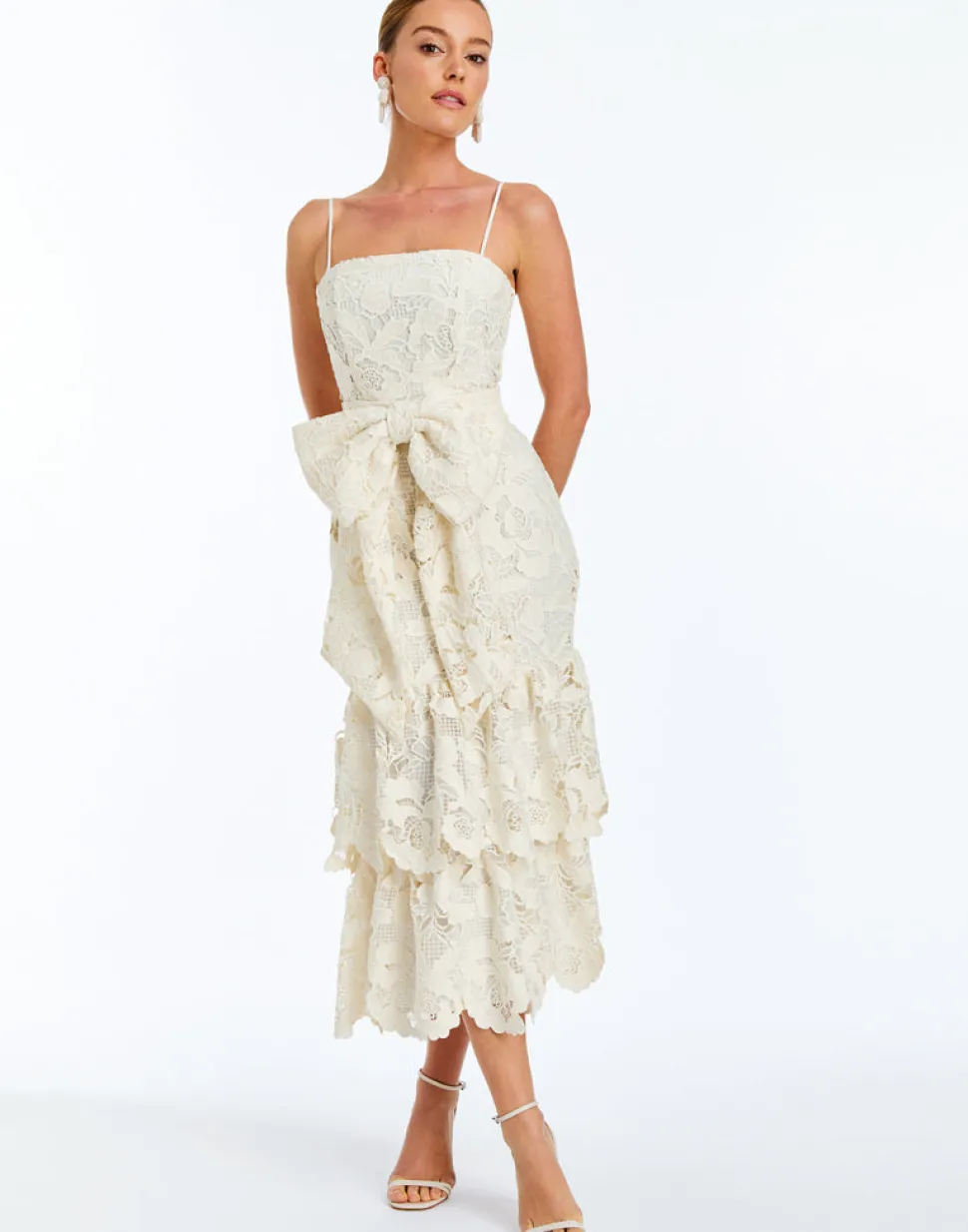 Vanessa Lace Convertible Bow Midi Dress in Ivory
