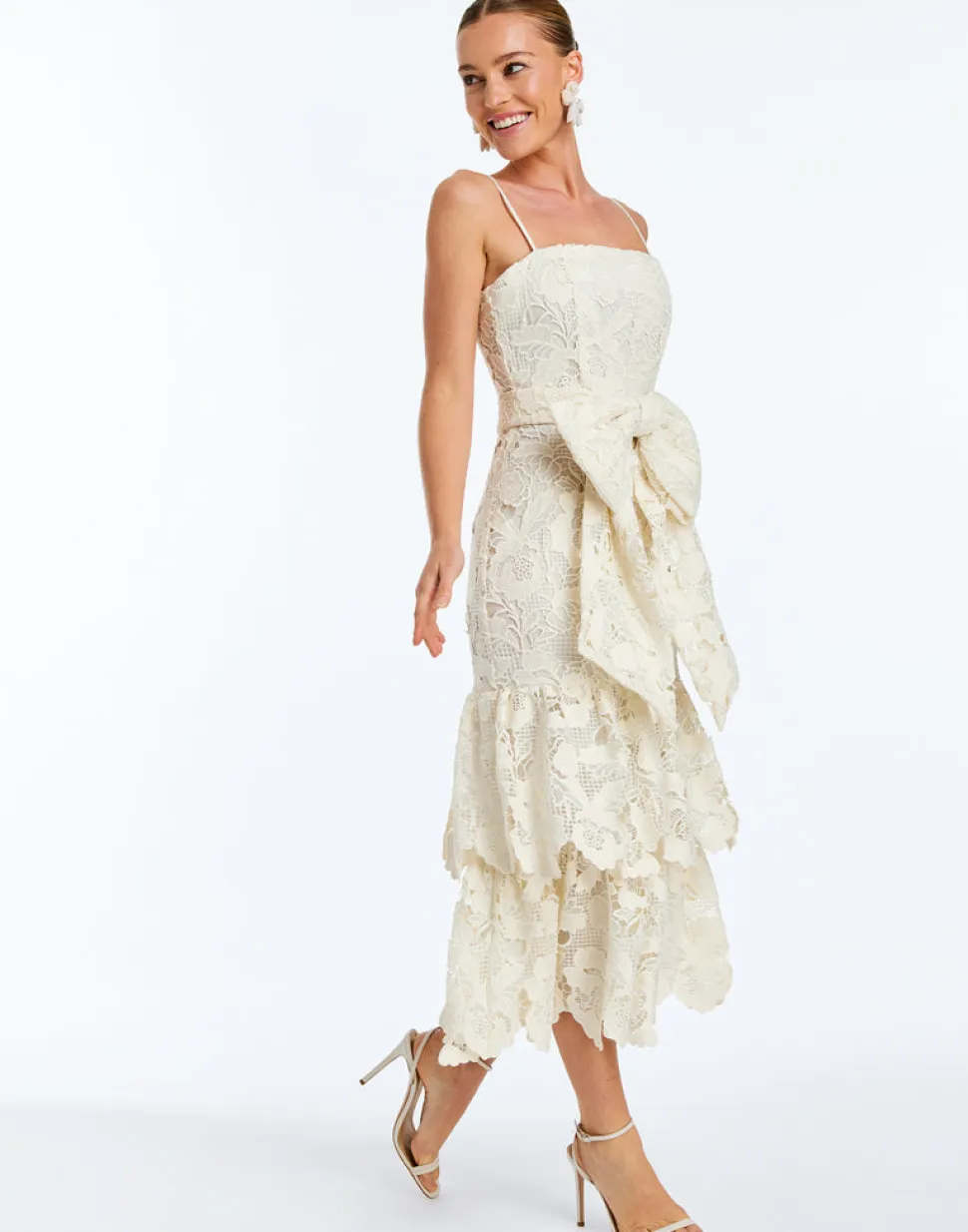Vanessa Lace Convertible Bow Midi Dress in Ivory