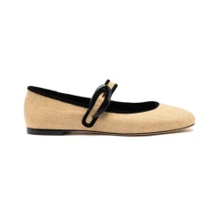 Verona Ballet Flat in Beige Raffia & Black Trimming