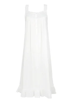 Vicki White Cotton Nightgown with Blue Smocking