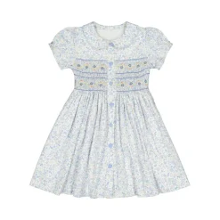 Violette Floral Blue Short Puff Smocked Dress