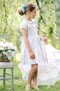 Violette Floral Blue Short Puff Smocked Dress
