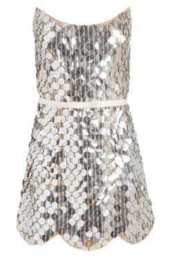 Vivienne Silver Paillette Mini Dress with Scalloped Hem and Detachable Bow Belt