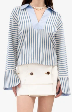 Whitney Top in Cream & Blue Bird Thin Stripe