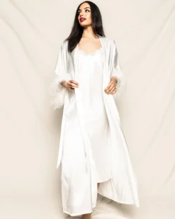 Women’s Mulberry White Silk Luxe Long Robe with Feathers