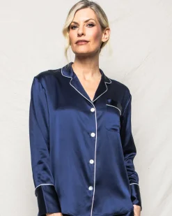 Women’s Navy Silk Wide Cuff Pajama Set