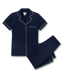 Women's Pima Crop Set in Navy with White Piping